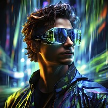 Portrait of a man with data goggles displaying intricate streams of digital information against