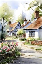 Watercolor depiction of a village in spring with blooming flower, AI generated