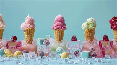 A row of ice cream cones with different flavors, AI generated