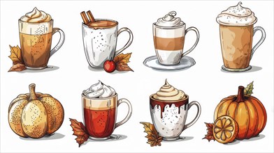 Illustration of several coffee cups with autumn themes including pumpkins and leaves, AI generated