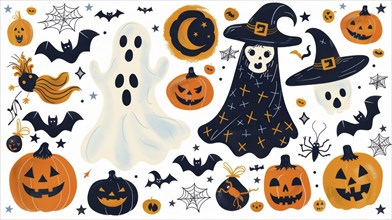 Colorful Halloween illustrations featuring pumpkins, ghosts, bats, witches, moon, stars, and