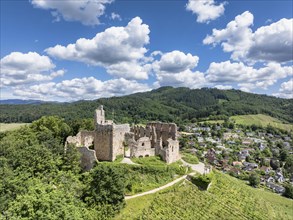 Aerial view of Staufen Castle, on a vineyard, Schlossberg, Staufen im Breisgau, Markgraeflerland,