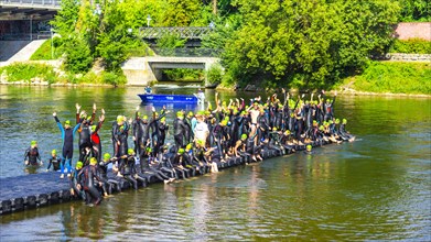 Swim start, triathlon, Danube, Ulm, Swabia, Baden-Wuerttemberg, Germany, Europe