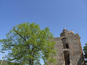 Stone castle tower surrounded by green trees and a clear blue sky on a sunny day, old castle ruins