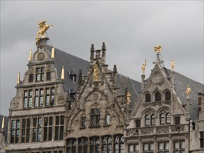 Historic buildings with detailed facades and golden statues in front of a cloudy sky, Historic