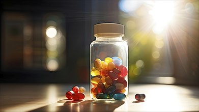 Glass bottle filled with assorted colored painkiller pills, AI generated