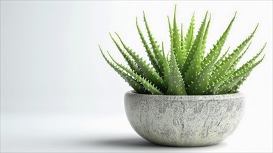 Aloe vera plant in a concrete pot with a white background, presenting a minimalist and modern style