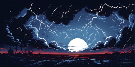 Illustration of a apocalyptic thunderstorm with end of the world scenario featuring lightning