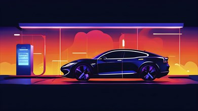 Minimalistic illustration of an electric car connected to a charging station, AI generated