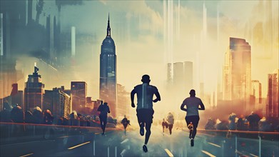 Vintage grungy poster of marathon runners with cityscape skyline background, AI generated