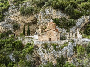 St . Michael's Church, Byzantine church in Berat from a drone, Osum River, Albania, Europe