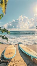 Two surfboards are resting on the sand at a deserted beach, AI generated