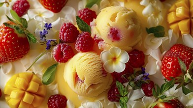 Tropical fruit ice cream garnished with berries and flowers, AI generated