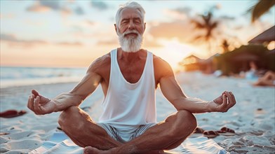 Aelterer Mann meditiert am Strand bei Sonnenuntergang in einer friedlichen Kulisse, AI generiert,