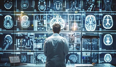 Concept of neural science, brain computer AI interface, scan, brain neurology and neural network,