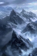 Snow-dusted mountains with jagged peaks climbing through mist and clouds, conveying a cold,