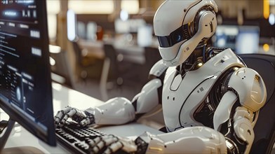 A robot in futuristic white armor typing on a computer keyboard in an advanced workspace, AI
