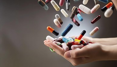 Hands holding a variety of colourful tablets and capsules against a dark background, AI generated,