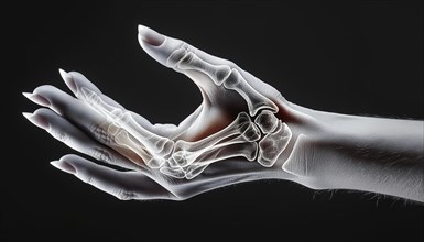 X-ray image of a human hand with visible bone structures against a dark background, AI generated,