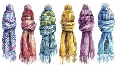 Mix of colorful knit beanies and scarves, perfect for winter warmth, AI generated