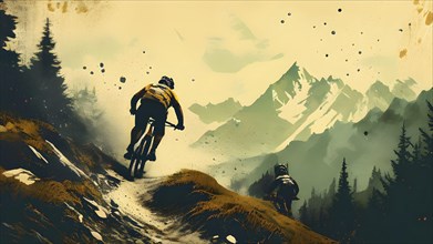 Abstract vintage grungy poster of a mountain biker on a trail in the Alps, AI generated