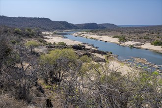 View over dry African savannah, Olifants River, Kruger National Park, South Africa, Africa