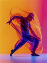 Contemporary dancer in a striking pose, surrounded by flowing colorful forms in vibrant orange and