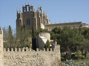 A Gothic monastery surrounded by dense trees and a historic stone wall under a blue sky, toledo,