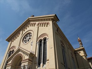 Historic church with Gothic architectural details under a blue sky, Bari, Italy, Europe