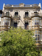 Close-up of a historic facade with numerous balconies and green trees, palma de Majorca with its