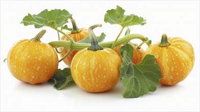 A group of orange pumpkins with green leaves on a white background, AI generated