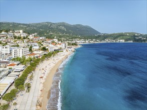 Seaside view over Himare from a drone, Albanian Riviera, Albania, Europe