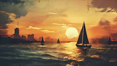 Vintage grungy poster of sailboats with sunset an skyline in background, AI generated