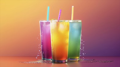 Three colorful fruit juices drinks with straws in them over a colorful background, AI generated