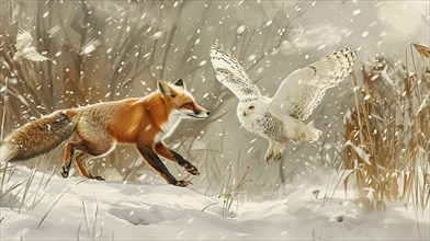 A red fox and a snowy owl in motion during snowfall, capturing a dynamic interaction in a winter