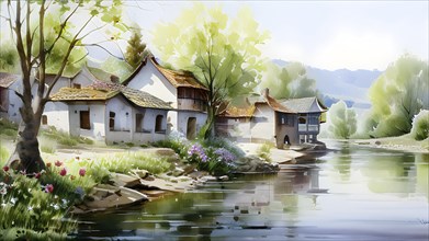 Watercolor depiction of a village in spring with blooming flower, AI generated