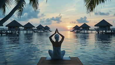 Person meditiert in einer Yoga-Pose bei Sonnenuntergang auf einem Pier mit Hausern ueber dem