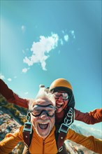 An old man is skydiving with a female instructor. AI generated
