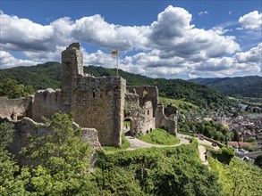 Aerial view of Staufen Castle, on a vineyard, Schlossberg, Staufen im Breisgau, Markgraeflerland,