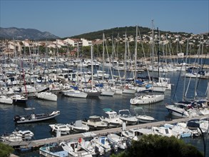 A busy marina full of sailboats and yachts, with a town and hills in the background, la seyne sur