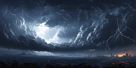 Illustration of a apocalyptic thunderstorm with end of the world scenario featuring lightning