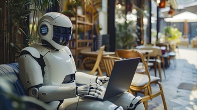 A robot using a laptop while sitting in an outdoor cafe with a modern setting, AI generated