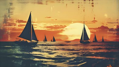 Vintage grungy poster of sailboats with sunset background, AI generated