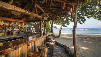 An empty bar counter against a beach background, AI generated