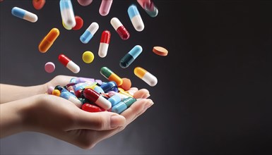 A hand holds a wide range of colourful tablets and capsules against a dark background, AI