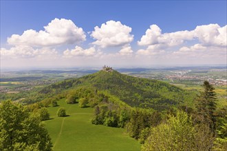 Hohenzollern Castle near Hechingen, blue cloudy sky, Zollernalbkreis, Swabian Alb,