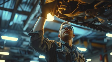 Car mechanic working on fixing and repairing a car in a garage, AI generated