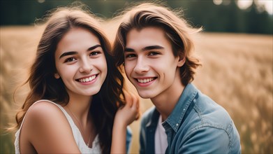 Two smiling teenagers, girl and boy with Caucasian look outside in summer, brother and sister,