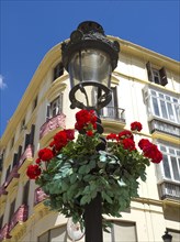 Decorated lantern with red flowers in front of an elegant historic building with balconies and blue