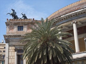 Historic building with columns and statue next to a tall palm tree under a blue sky, palermo in